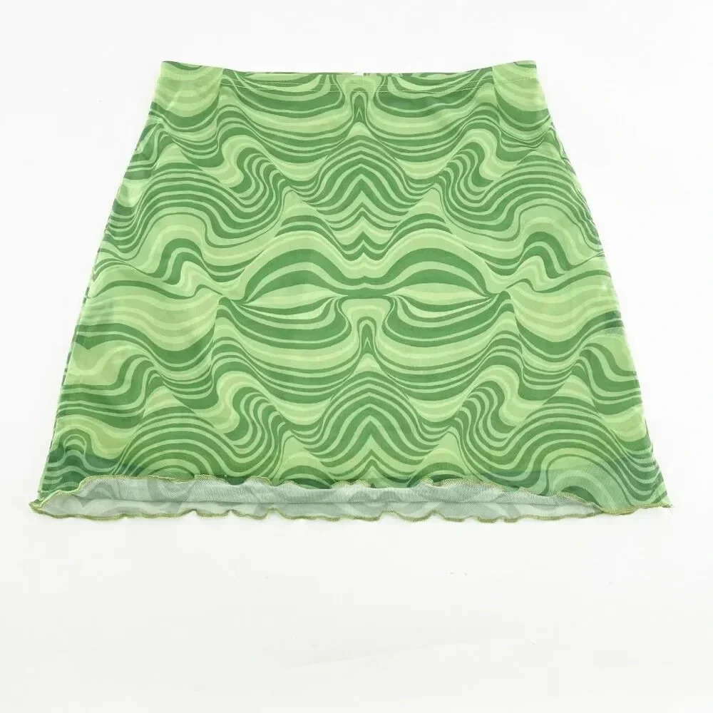 H&M Swirl Wave Mini Skirt Womens Size S Green Lettuce Hem Pull On Stretch